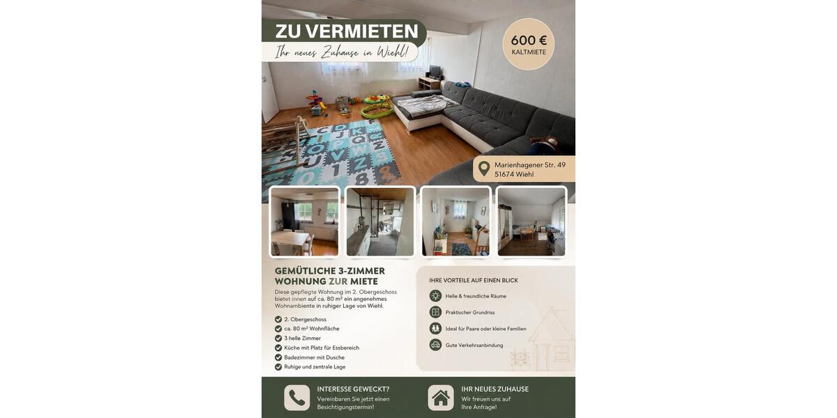 Etagenwohnung Wiehl - 3 Zimmer, 80 m&sup2;, 600&euro; | Angebot:27584772