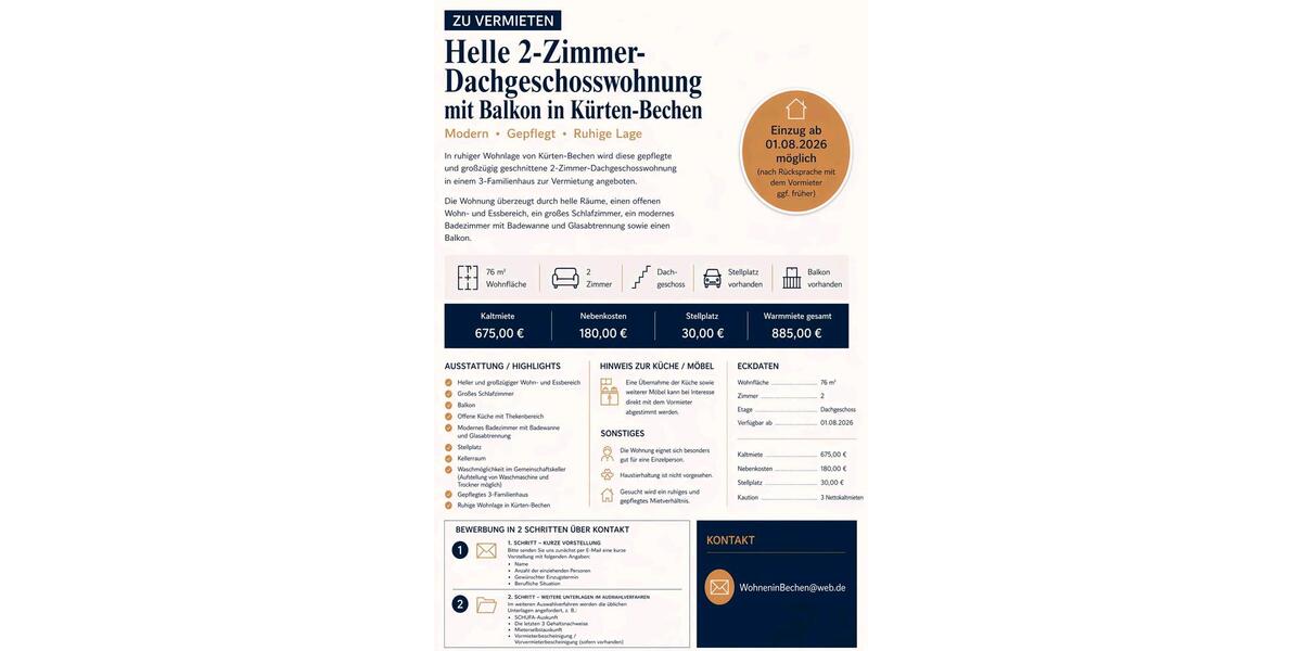 Dachgeschoßwohnung Kürten - 2 Zimmer, 76 m&sup2;, 885&euro; | Angebot:26326077